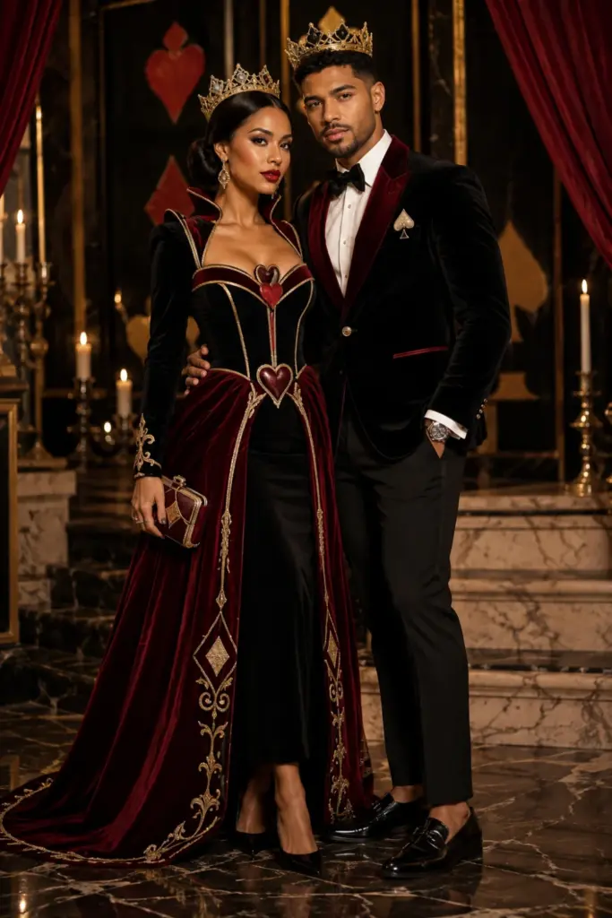 Elegant King and Queen playing-card Halloween duo wearing contemporary black, red, white, and gold outfits with crowns and sophisticated card-inspired accessories.