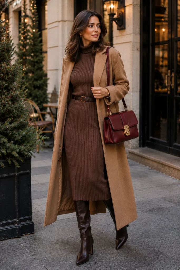 A modern woman wearing a cozy knit dress with tall boots, a longline coat, a waist belt, and a structured handbag in a polished winter outfit.