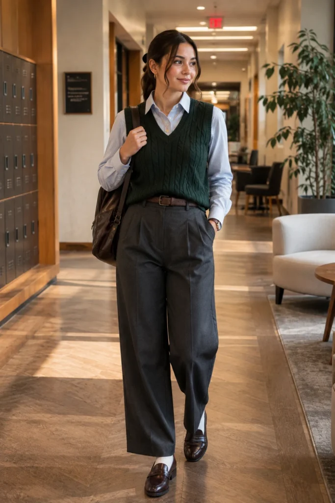 Modern preppy student winter outfit with a knit sweater vest, button-up shirt, wide-leg trousers, and loafers styled for a contemporary school look.