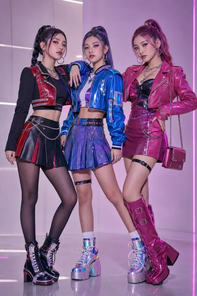 Three friends in modern Rumi, Zoey, and Mira inspired K-Pop Demon Hunters Halloween trio outfits with colorful stagewear, sleek hairstyles, boots, and dramatic makeup.