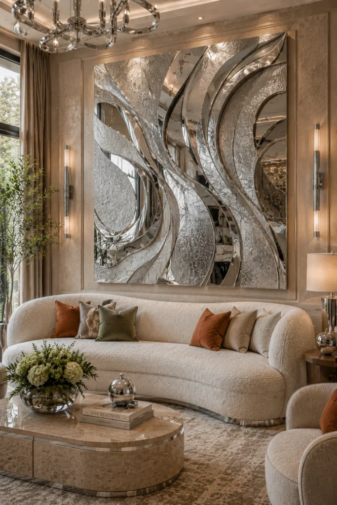 Large chrome abstract statement wall art above a contemporary sofa in a colorful, sophisticated 2026 luxe interior.