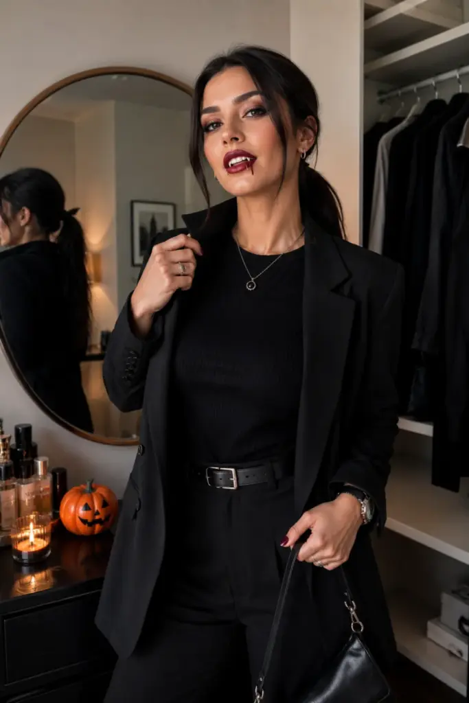 Last-minute vampire costume using an all-black wardrobe, red lipstick, subtle fake blood, fangs, modern hair, and everyday accessories.