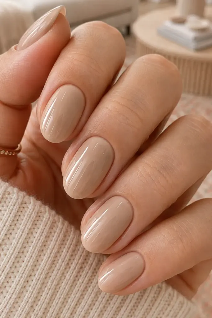 Creamy latte beige clean girl nails with a glossy finish for a cozy back-to-school manicure