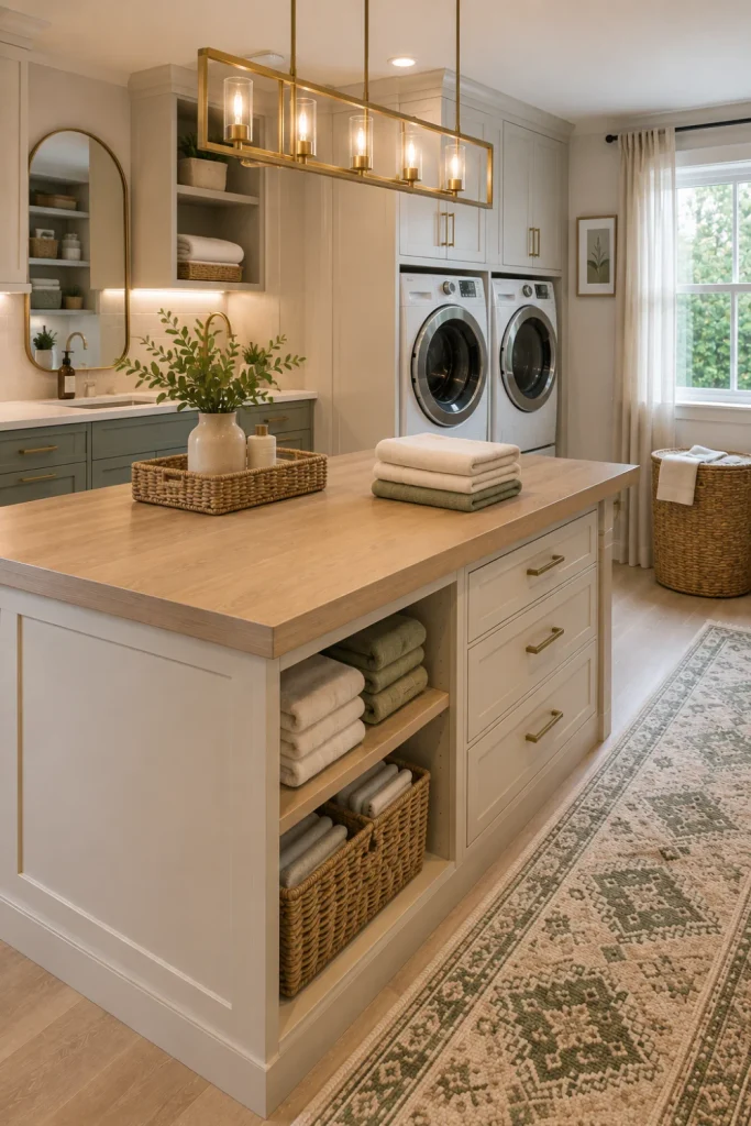 A modern 2026 laundry room with a central laundry island folding counter, warm white cabinetry, natural oak surfaces, woven baskets, sage accents, and elegant contemporary lighting.