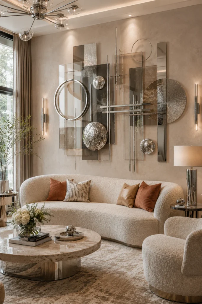 Layered chrome and glass wall art composition in a sophisticated modern luxe room with warm contemporary lighting and elegant neutral colors.
