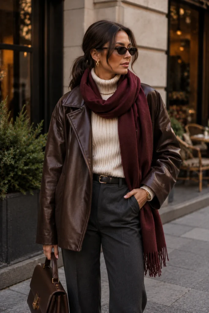 Modern woman wearing a brown leather jacket over a cozy turtleneck with straight-leg trousers, ankle boots, and a warm scarf in a chic winter street-style outfit.