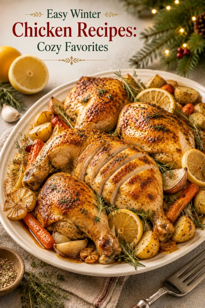 Juicy lemon-herb roasted chicken with golden crispy skin, lemon slices, garlic, rosemary, and thyme in a modern winter setting.