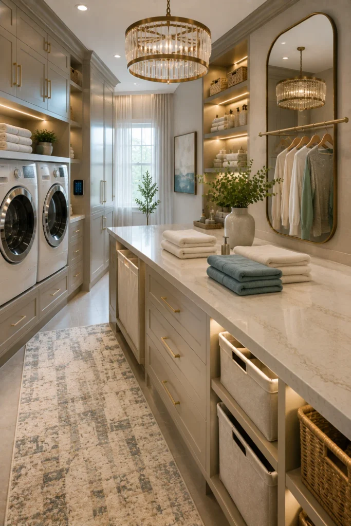 Luxe modern laundry room folding station with premium cabinetry, stone counter, concealed storage, integrated lighting, elegant chandelier, and chic 2026 styling.