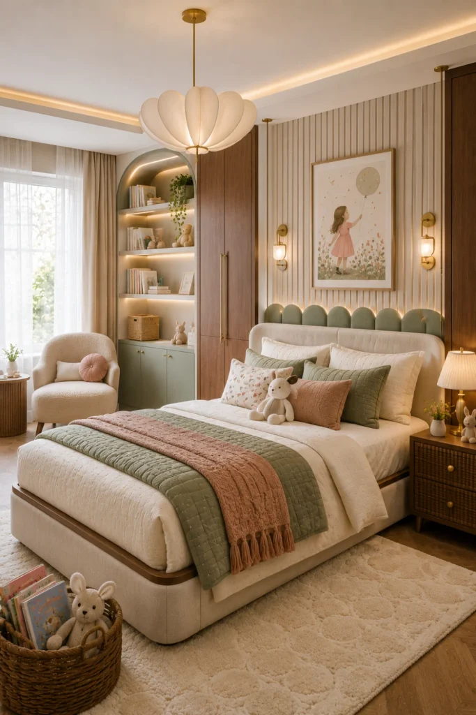 Luxury-inspired modern kids' bedroom with designer lighting, warm oak furniture, premium layered bedding, elegant storage, and refined 2026 decor.