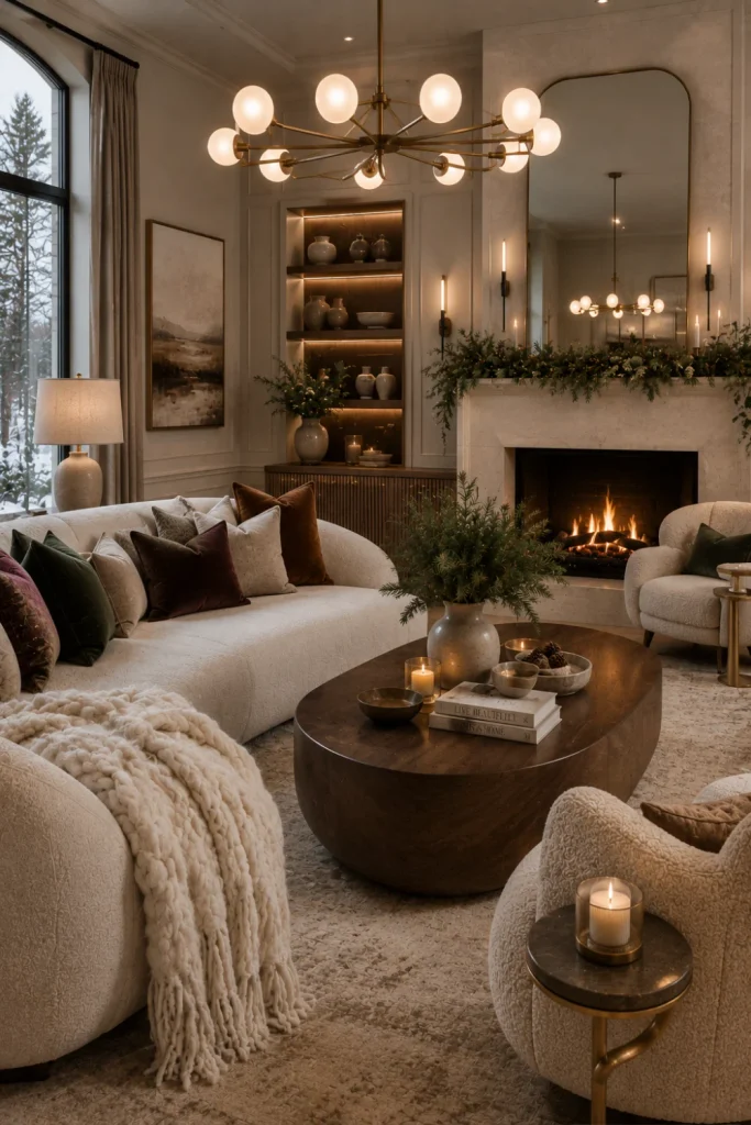 Luxury modern winter home layered with velvet, boucle, wool, warm metallic accents, ambient lighting, and elegant winter greenery.