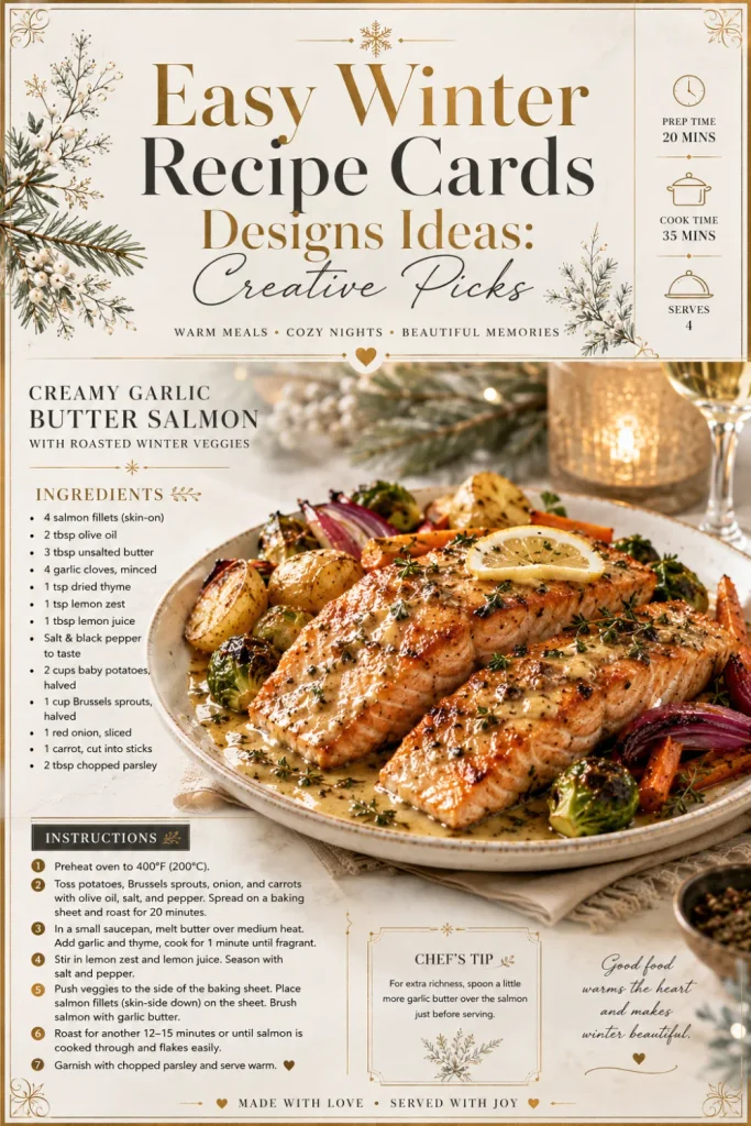 Luxury winter recipe card with elegant neutral colors, refined typography, subtle metallic-inspired accents, and premium editorial food photography.