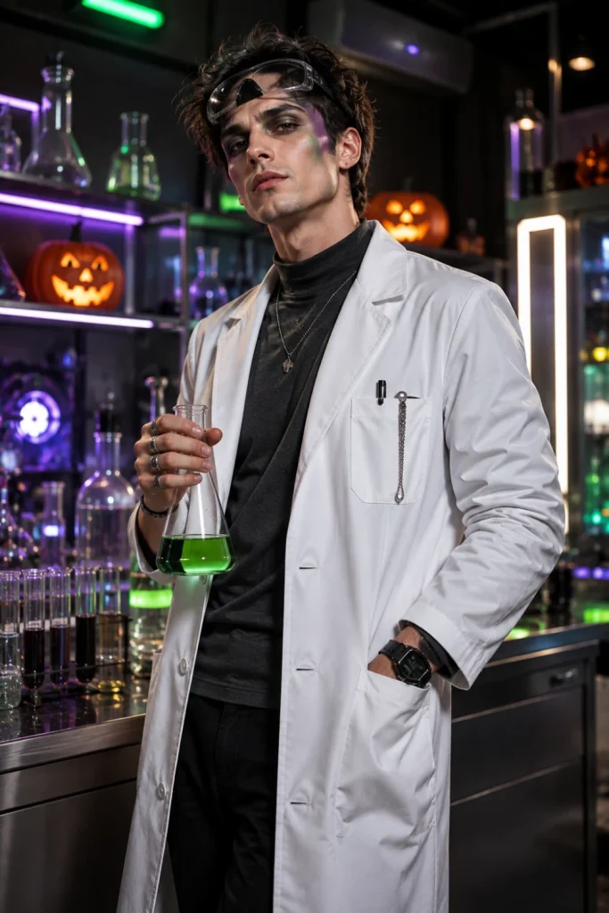 Stylish mad scientist Halloween outfit for men with a modern white lab coat, messy hair, protective glasses, and creative makeup.