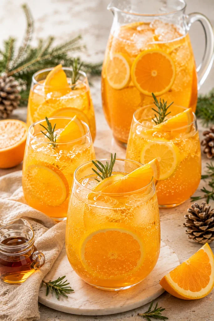 A bright maple orange mocktail with lemon, sparkling water, and citrus garnish in elegant glasses for winter entertaining.
