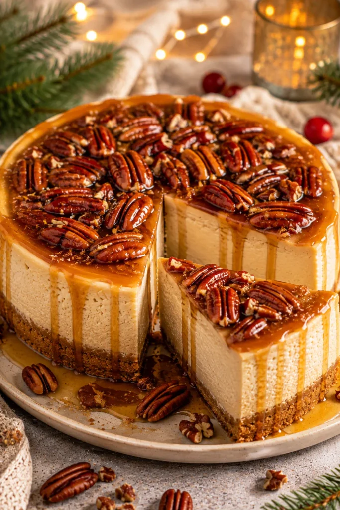 Maple pecan winter cheesecake with a creamy maple filling, toasted pecans, buttery crust, and glossy maple drizzle.