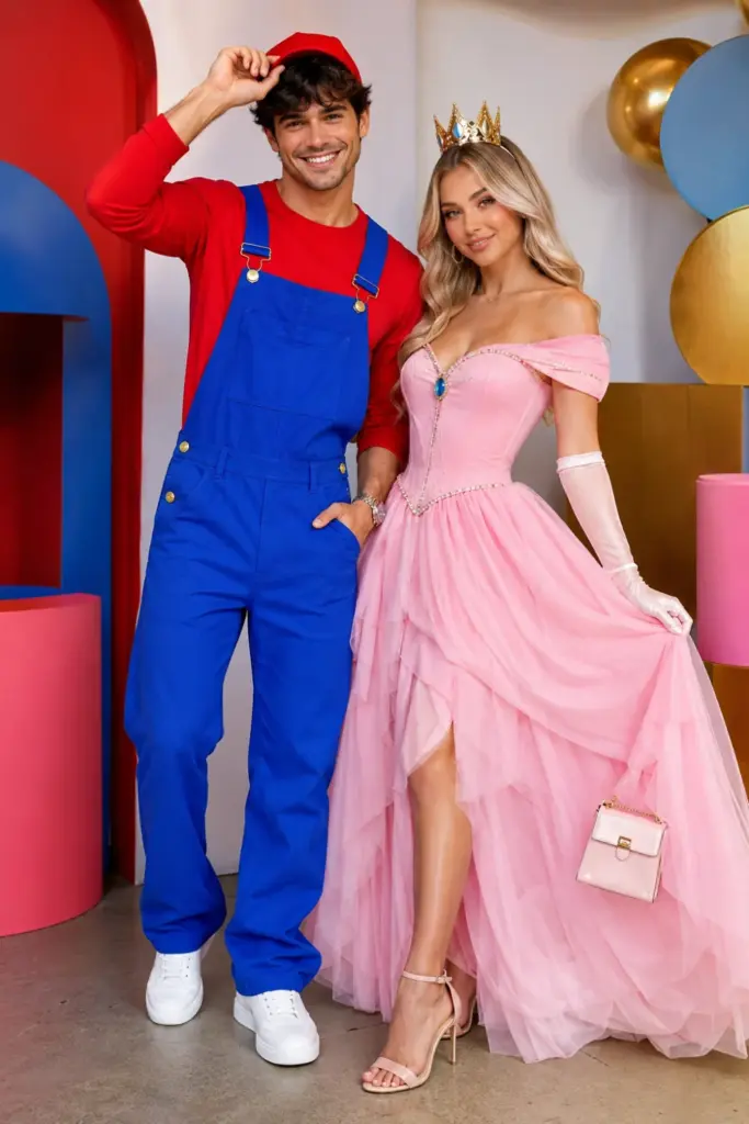 A colorful modern gaming-inspired couples Halloween costume with blue and red styling for him and a fashionable pink princess-inspired look for her.
