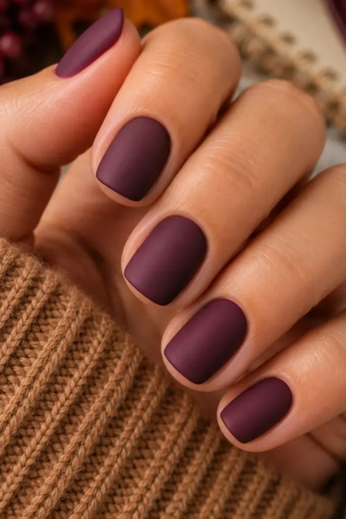 Matte deep plum short nails in a rich autumn shade for a classy fall manicure.