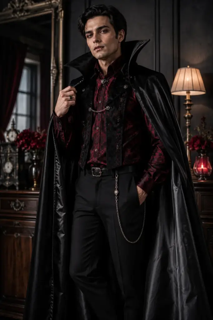 Men’s Gothic Dracula costume with burgundy brocade shirt, mock vest, black satin cape, upright bat-wing collar, and modern accessories.
