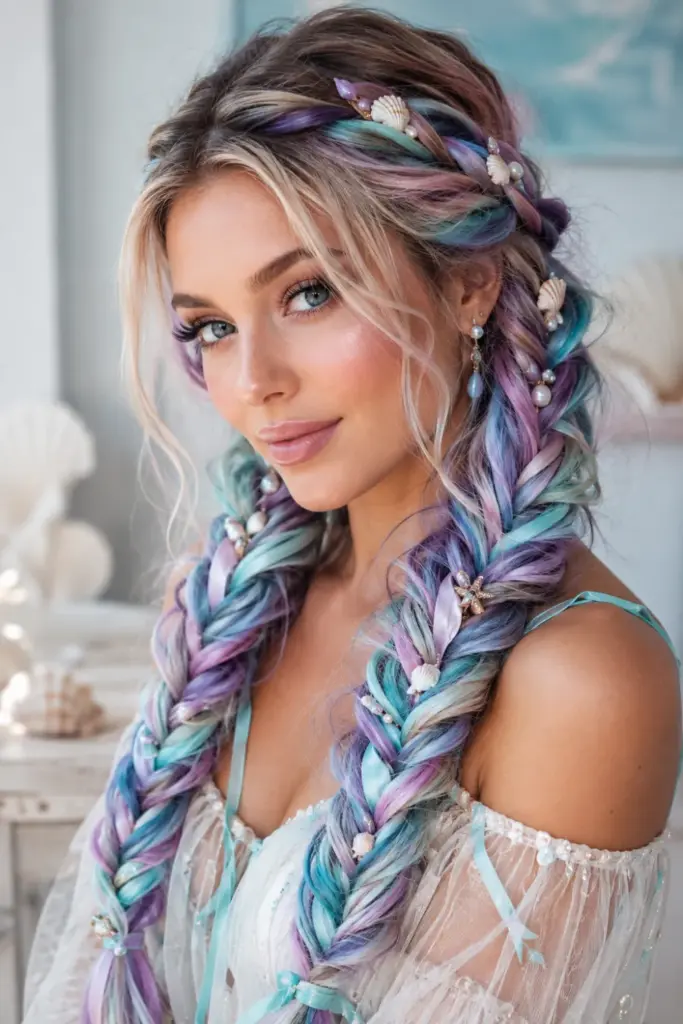 Trendy mermaid seashell braids with pastel ocean colors for Easy Best Halloween Hair Design Ideas for stunning looks.