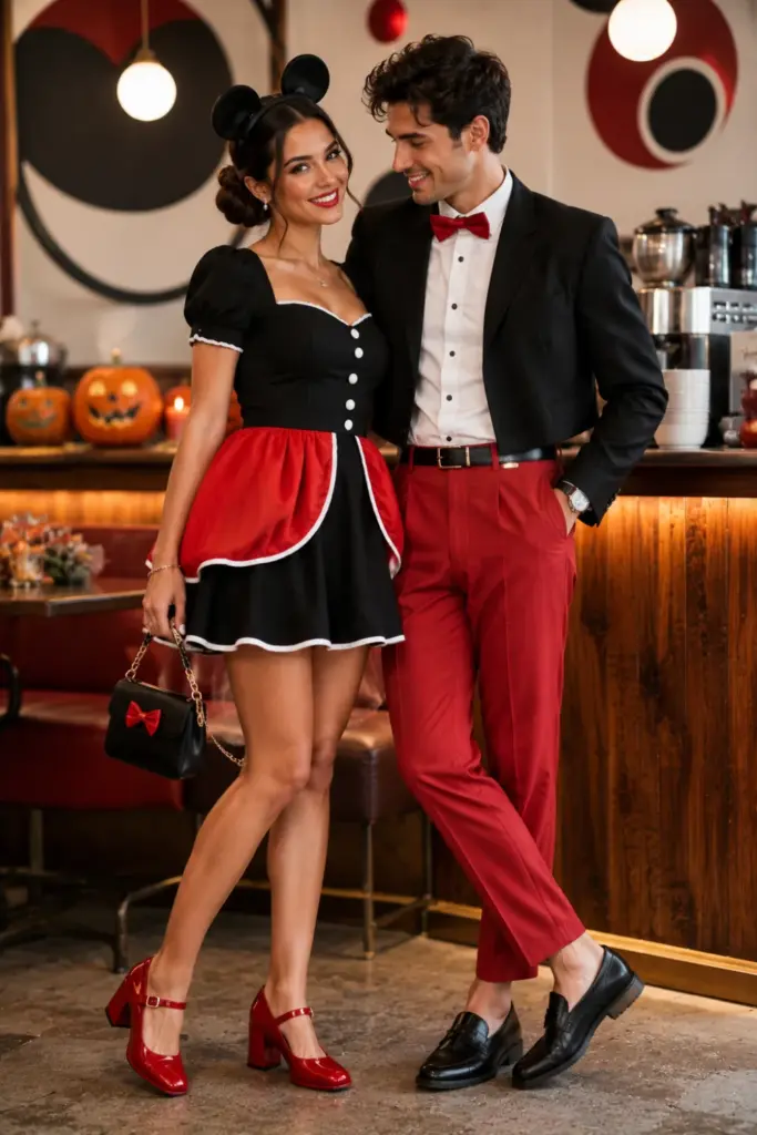 Cute modern mouse-inspired Halloween couple in coordinated red, black, and white outfits with contemporary fashion, polished styling, and playful accessories.
