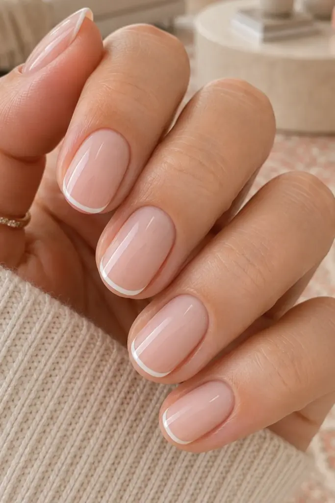 Minimal micro French clean girl nails with ultra-thin white tips for a polished back-to-school look.