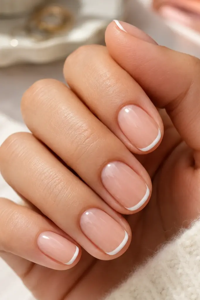 A classy cute micro-French manicure with ultra-thin white tips on a sheer nude base for school.