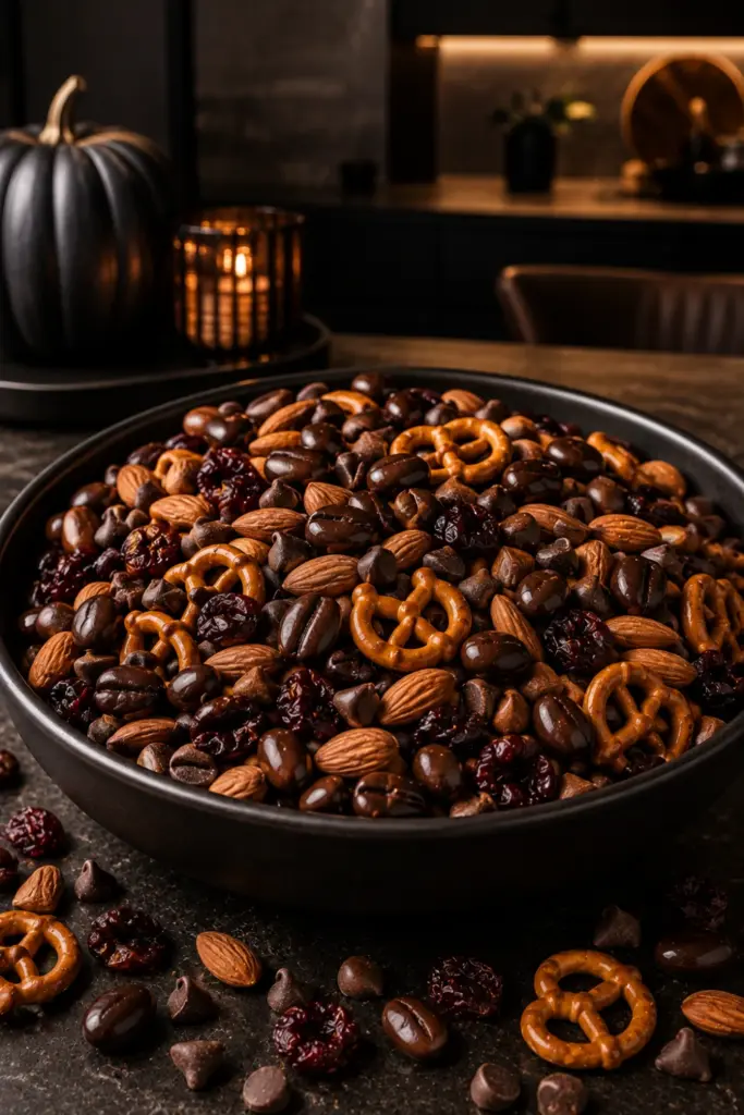 Midnight Dark Chocolate Espresso gluten-free Halloween trail mix with espresso beans, pretzels, almonds, dried cherries, and dark chocolate chips.