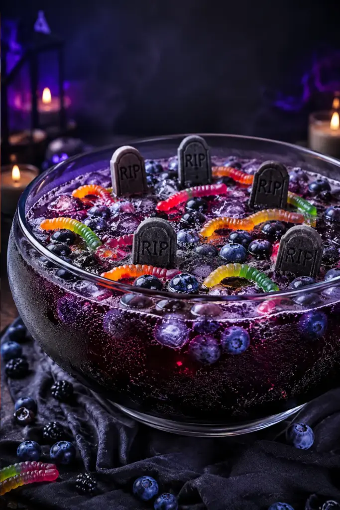 Midnight Graveyard Jungle Juice with blackberry lemonade, cola, vodka, blueberries, and gummy worms in a dark Halloween party punch bowl.