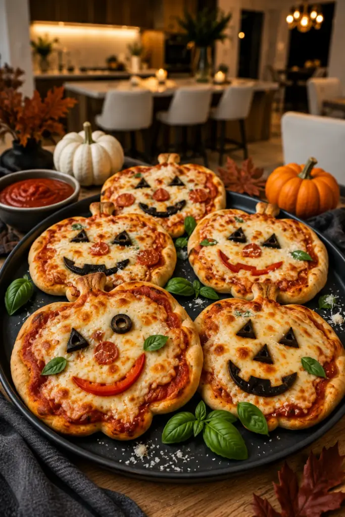Mini pumpkin-shaped pizzas with jack-o'-lantern faces and melted cheese for an easy Halloween dinner.