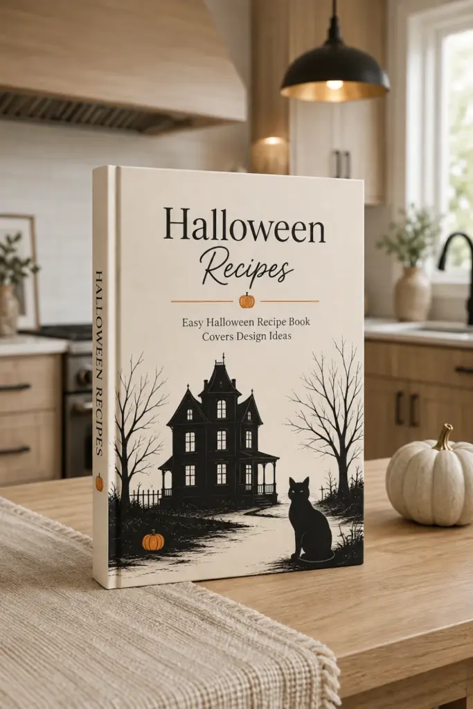Minimalist black and white Halloween recipe book cover with a haunted house and cat silhouette on a cream background.