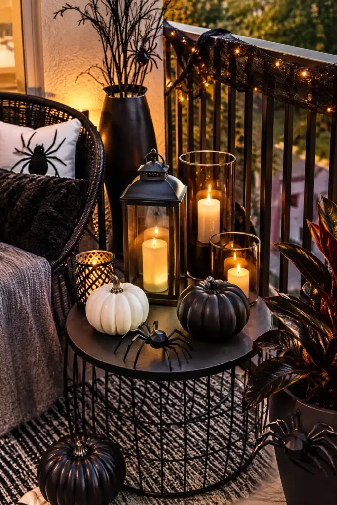 Modern minimalist Halloween balcony decorated with black and white pumpkins, geometric spiders, sleek LED candles, and contemporary dark accents.