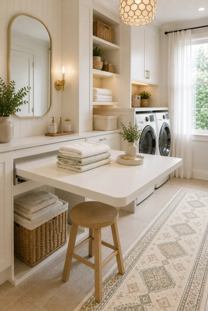 Bright minimalist white folding table in a modern 2026 laundry room with warm ivory cabinets, light oak accents, woven baskets, sage textiles, and elegant lighting.