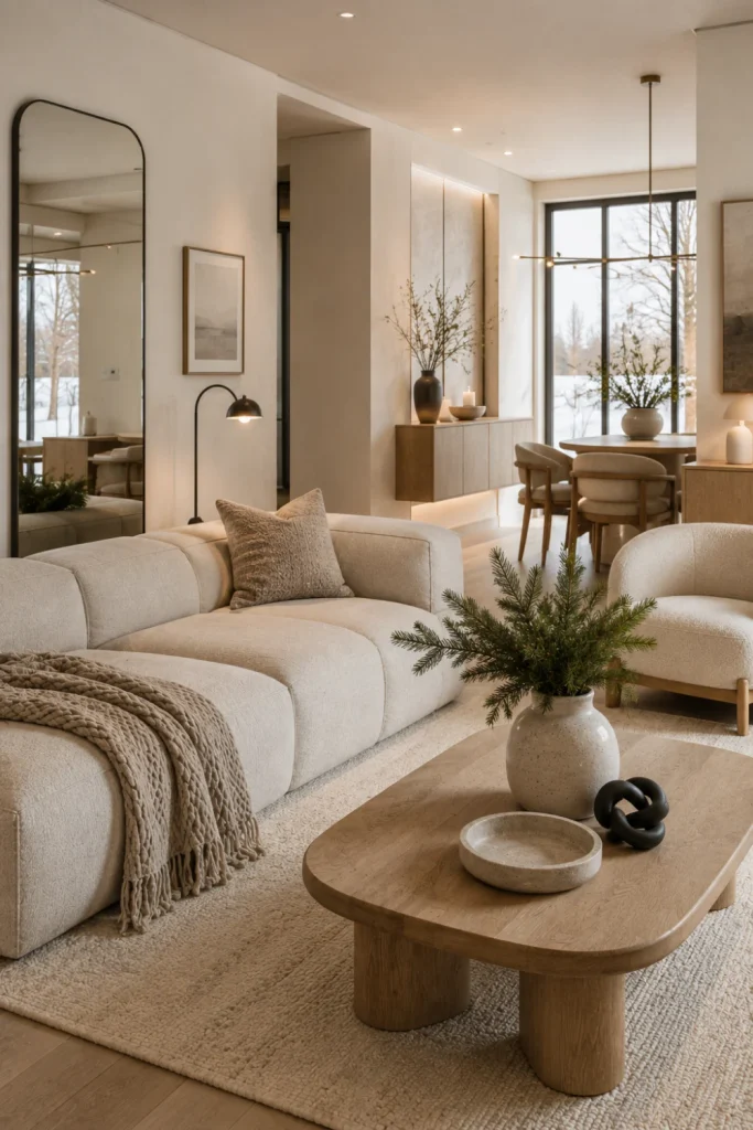 Minimalist winter home interior with neutral colors, natural materials, soft throws, sculptural decor, and strategic warm lighting.
