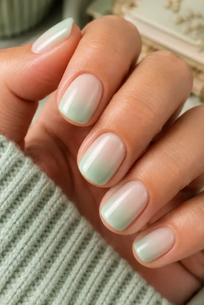 Short mint green ombré nails fading from soft mint to pale green for a chic autumn manicure.