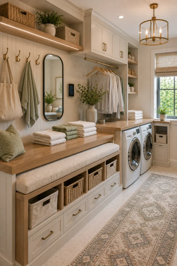 Modern bench-style laundry room folding station with oak folding surface, hidden storage, woven baskets, sage accents, and contemporary 2026 lighting.