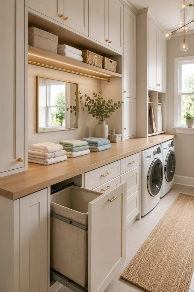 Modern built-in cabinet laundry folding station with concealed storage, warm wood countertop, woven baskets, and elegant 2026 finishes.