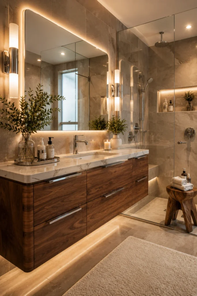 Contemporary chrome and wood bathroom with floating wood vanity, chrome faucet, large mirror, stone surfaces, modern lighting, and warm luxury styling.