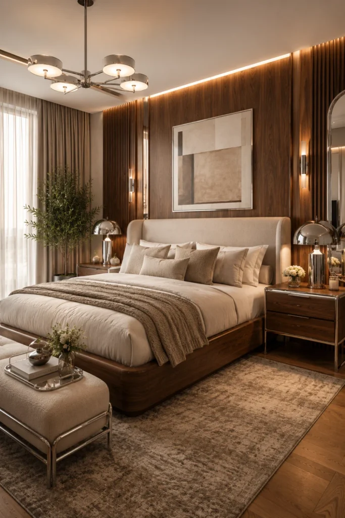 Modern chrome and wood bedroom with a warm wooden bed, chrome bedside tables and lamps, neutral bedding, soft textures, a contemporary mirror, and elegant layered lighting.