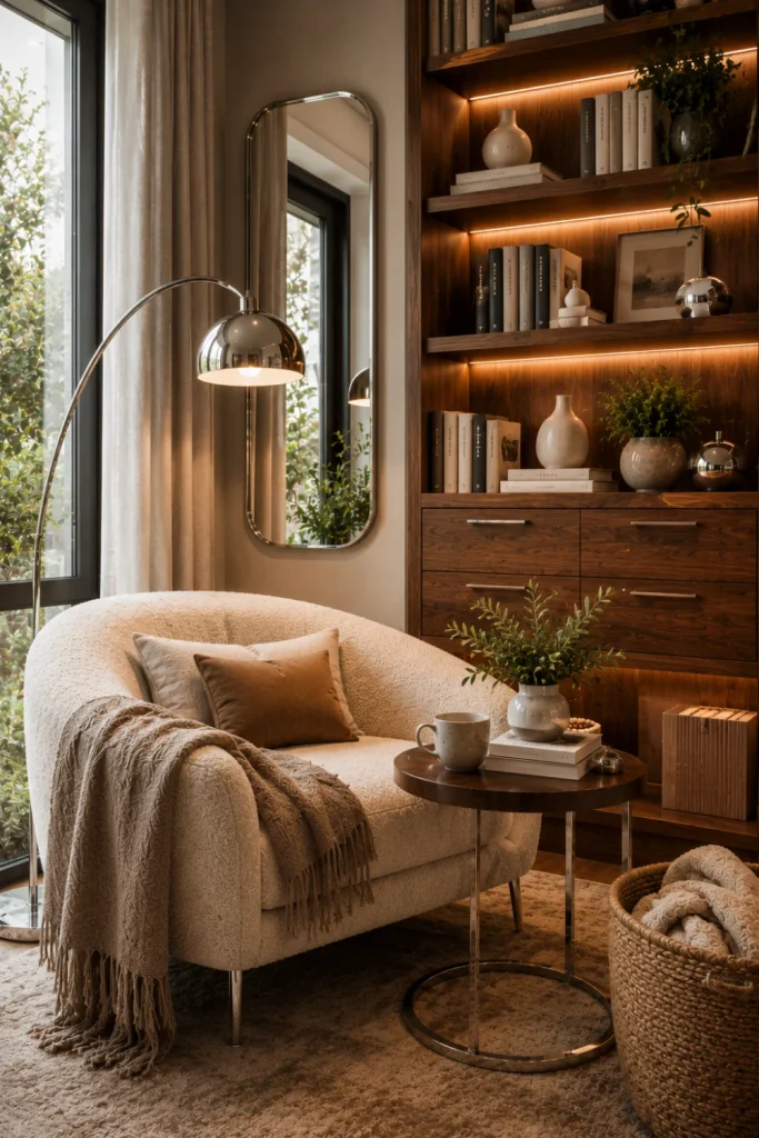 Cozy modern chrome and wood reading nook with warm wood shelving, a boucle lounge chair, a chrome floor lamp, textured fabrics, books, greenery, and contemporary decor.