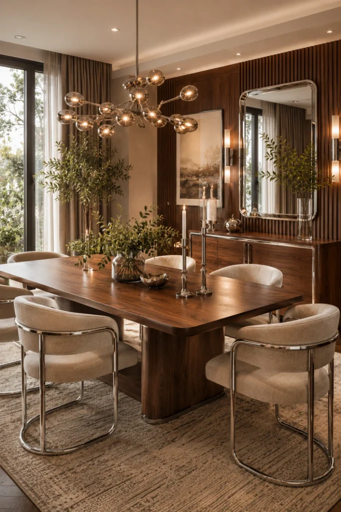 Elegant modern chrome and wood dining room with a substantial wood table, chrome-framed chairs, a sculptural chandelier, reflective accessories, and contemporary 2026 styling.
