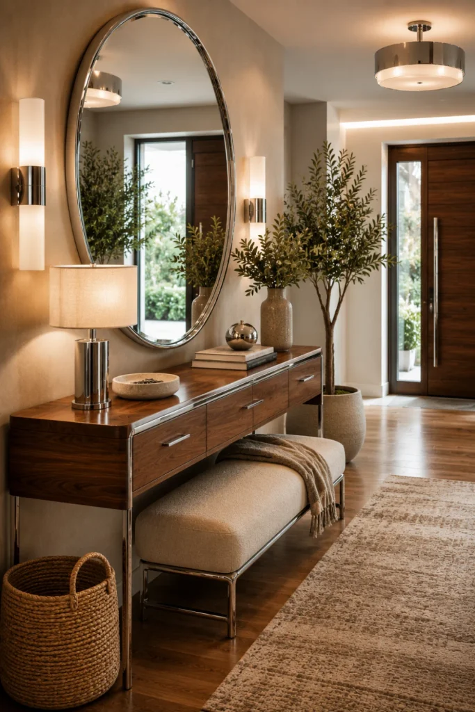 Modern chrome and wood entryway with walnut console, chrome-framed mirror, sculptural lighting, warm neutral decor, greenery, and contemporary 2026 styling.
