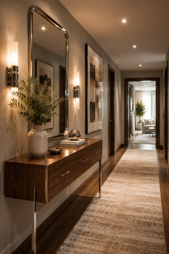 Modern chrome and wood hallway with slim walnut console, chrome-framed mirror, contemporary artwork, wall lighting, neutral textures, and curated decor.