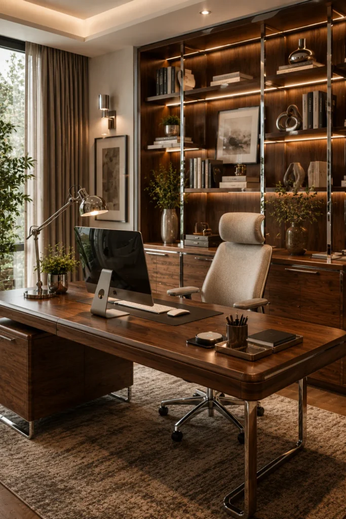 Modern chrome and wood home office with walnut desk, chrome shelving, ergonomic upholstered chair, contemporary lighting, storage, and sophisticated 2026 decor.