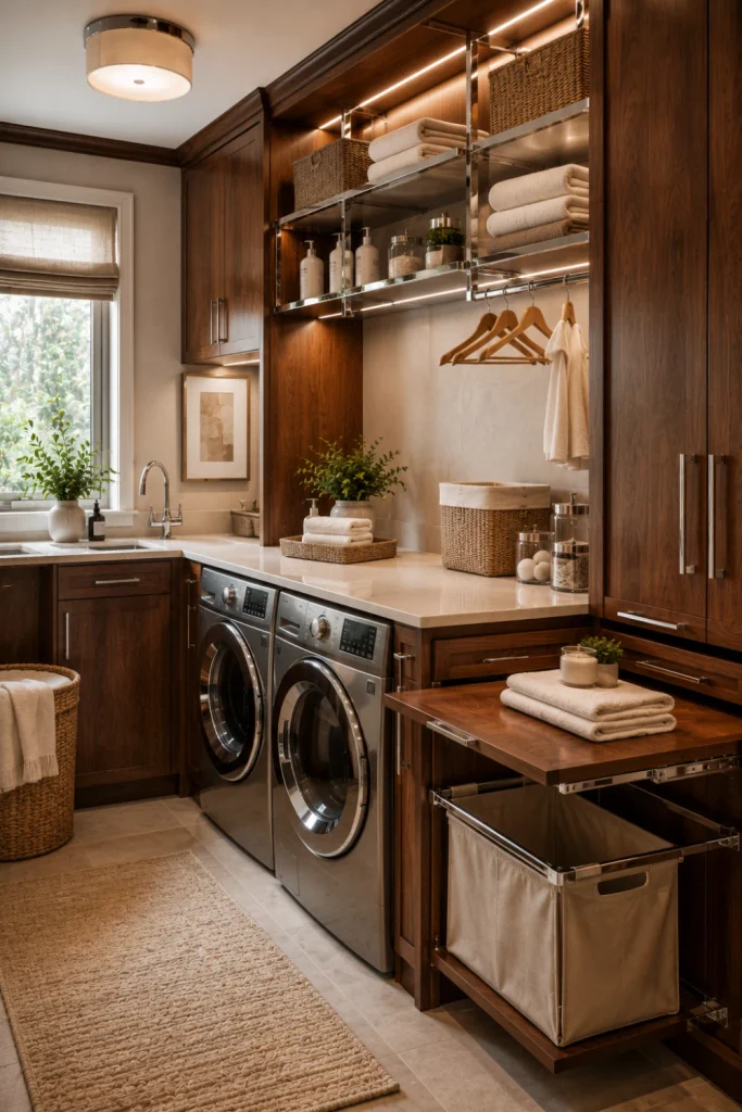 Modern chrome and wood laundry room with walnut cabinetry, chrome handles and shelving, a washer and dryer, organized storage, warm lighting, and contemporary decor.