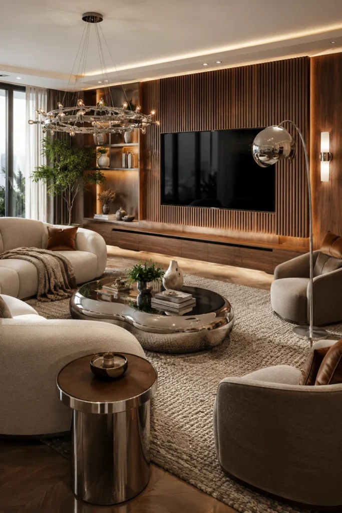 Modern chrome and wood living room with warm walnut furniture, a sculptural chrome coffee table, curved cream seating, layered lighting, a mounted TV wall, and contemporary decor.