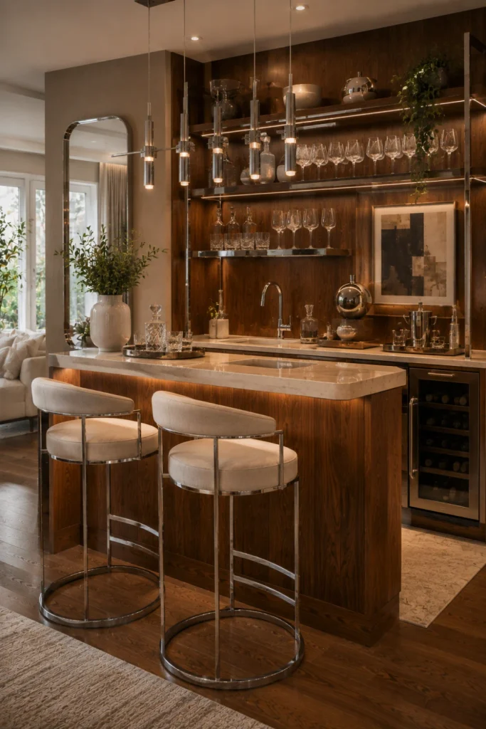 Luxury modern chrome and wood kitchenette or home bar with a walnut cabinet, chrome fixtures, glassware, sculptural stools, statement lighting, and elegant 2026 styling.