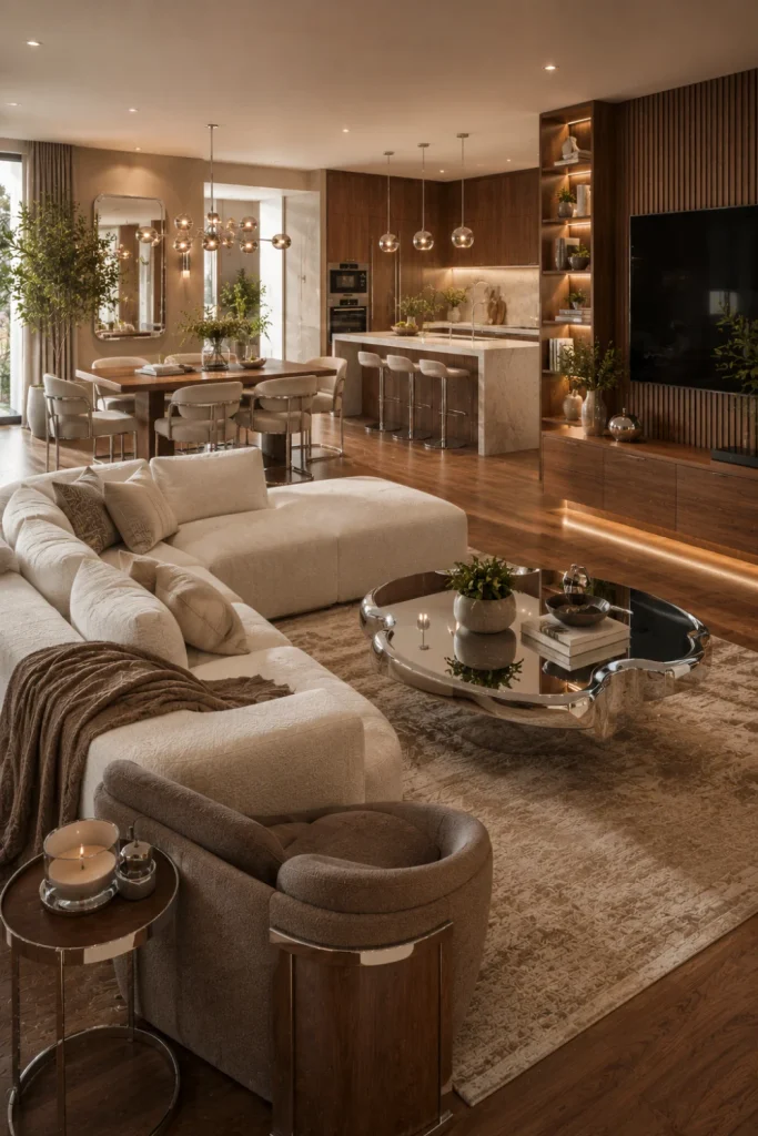 Modern open-plan chrome and wood interior connecting kitchen, dining, and living spaces with coordinated walnut tones, chrome accents, contemporary furniture, and lighting.