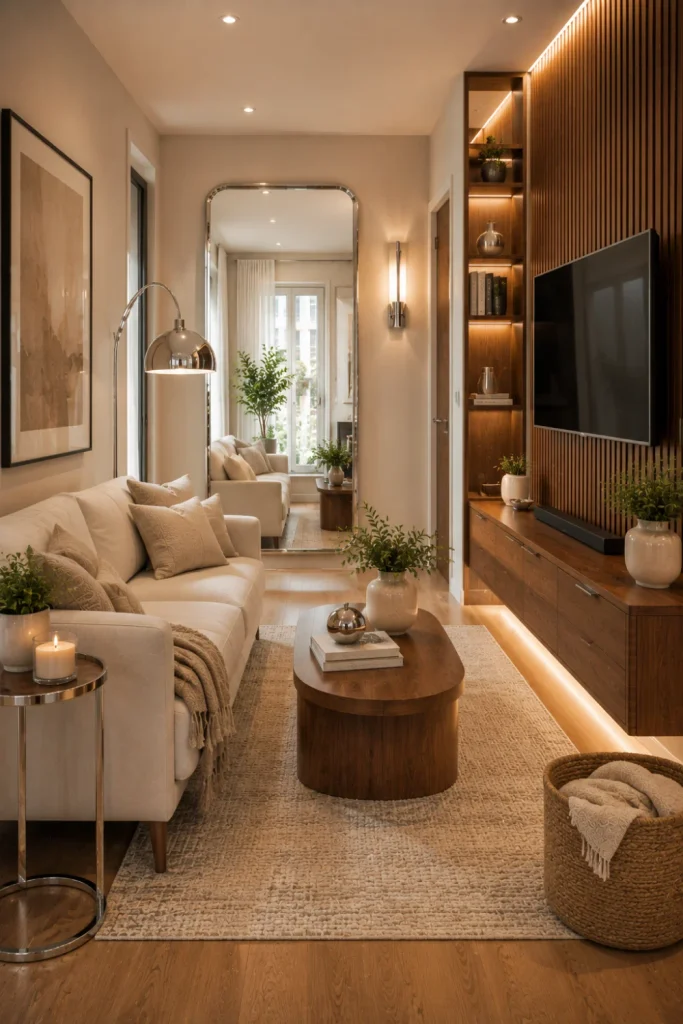 Modern small-space chrome and wood interior with compact walnut furniture, chrome accents, a reflective mirror, light neutral colors, and space-saving 2026 decor.