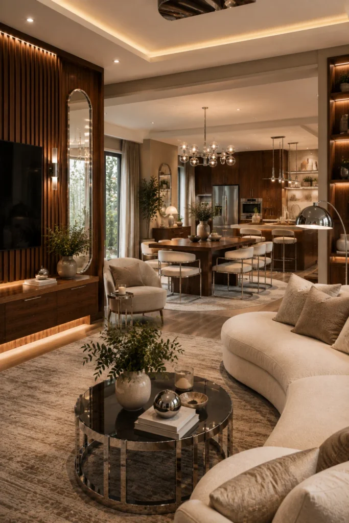 Modern whole-home chrome and wood interior styling with coordinated walnut tones, chrome accents, contemporary furniture, lighting, mirrors, and cohesive 2026 decor.