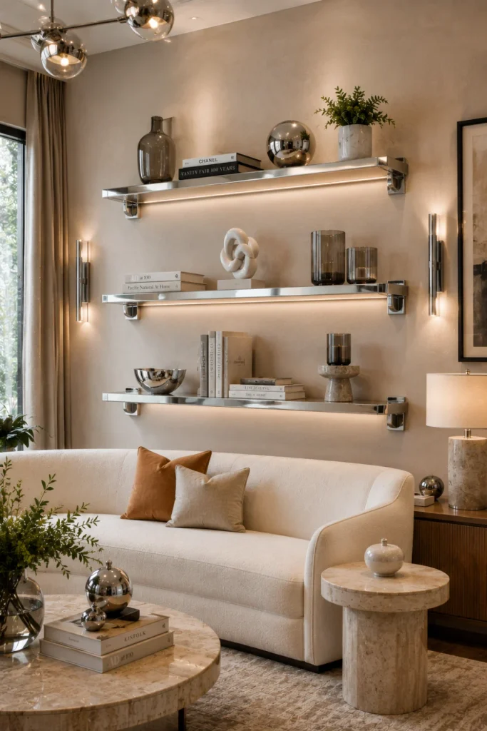 Modern chrome floating shelves styled with marble, glass, books, and sculptural accessories on a contemporary luxe wall.