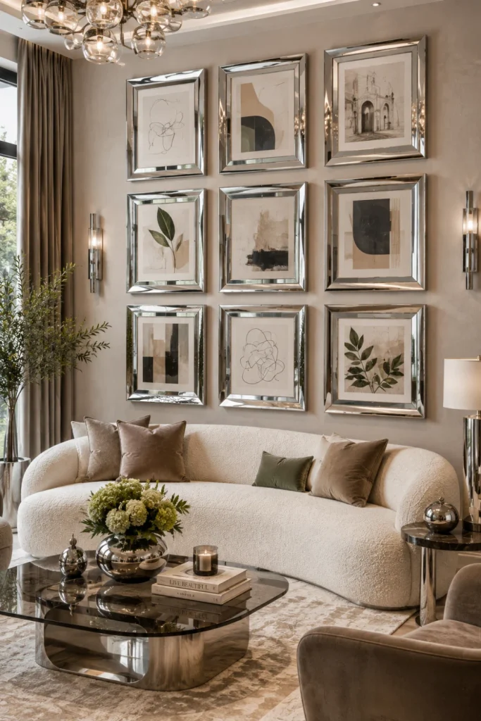 Modern chrome grid gallery wall with sculptural metallic frames, colorful luxe furnishings, and contemporary lighting in an elegant 2026 interior.